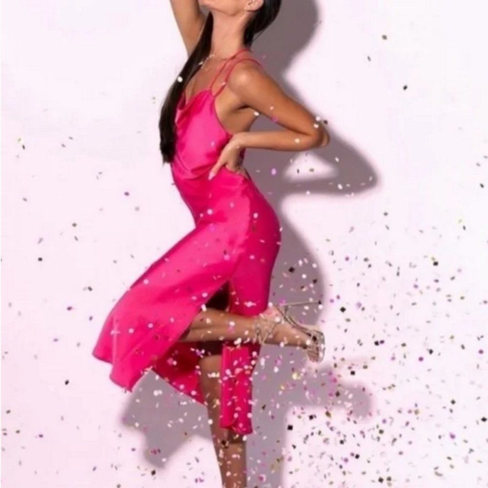 Zara Satin Slip Dress with Criss Cross Back Blogger Favorite in Pink - Picture 4 of 12